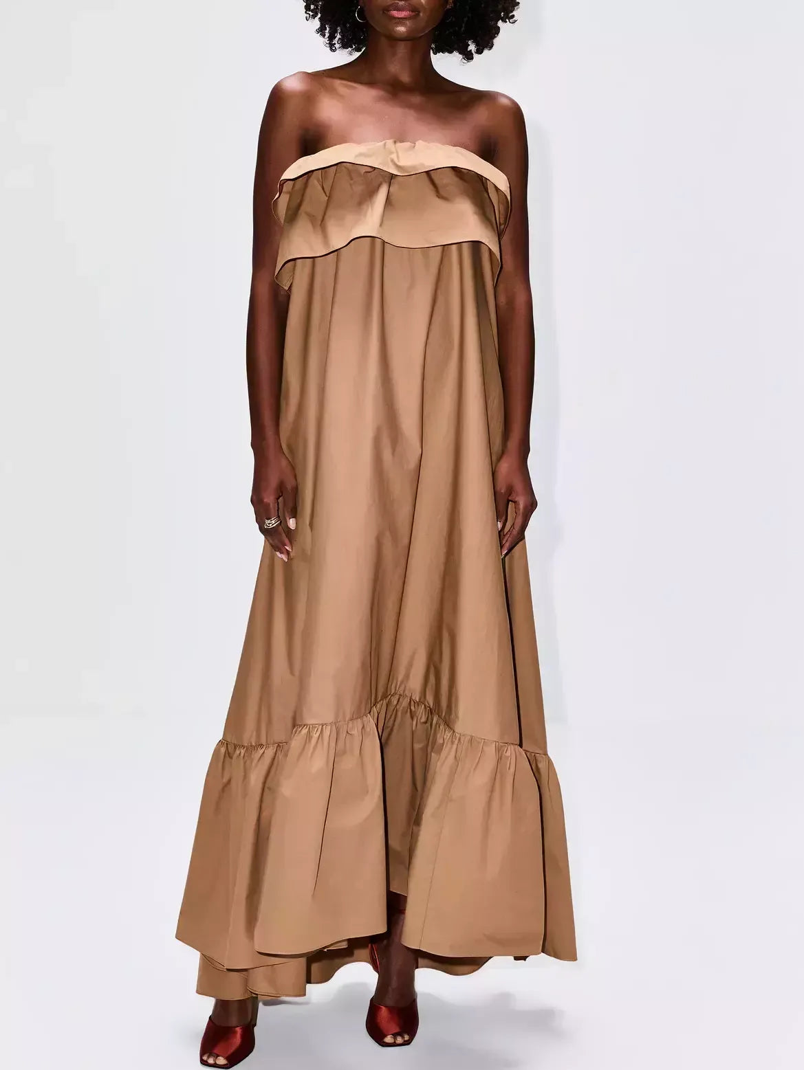 Ruffled Strapless Long Dress in Khaki - Dresses