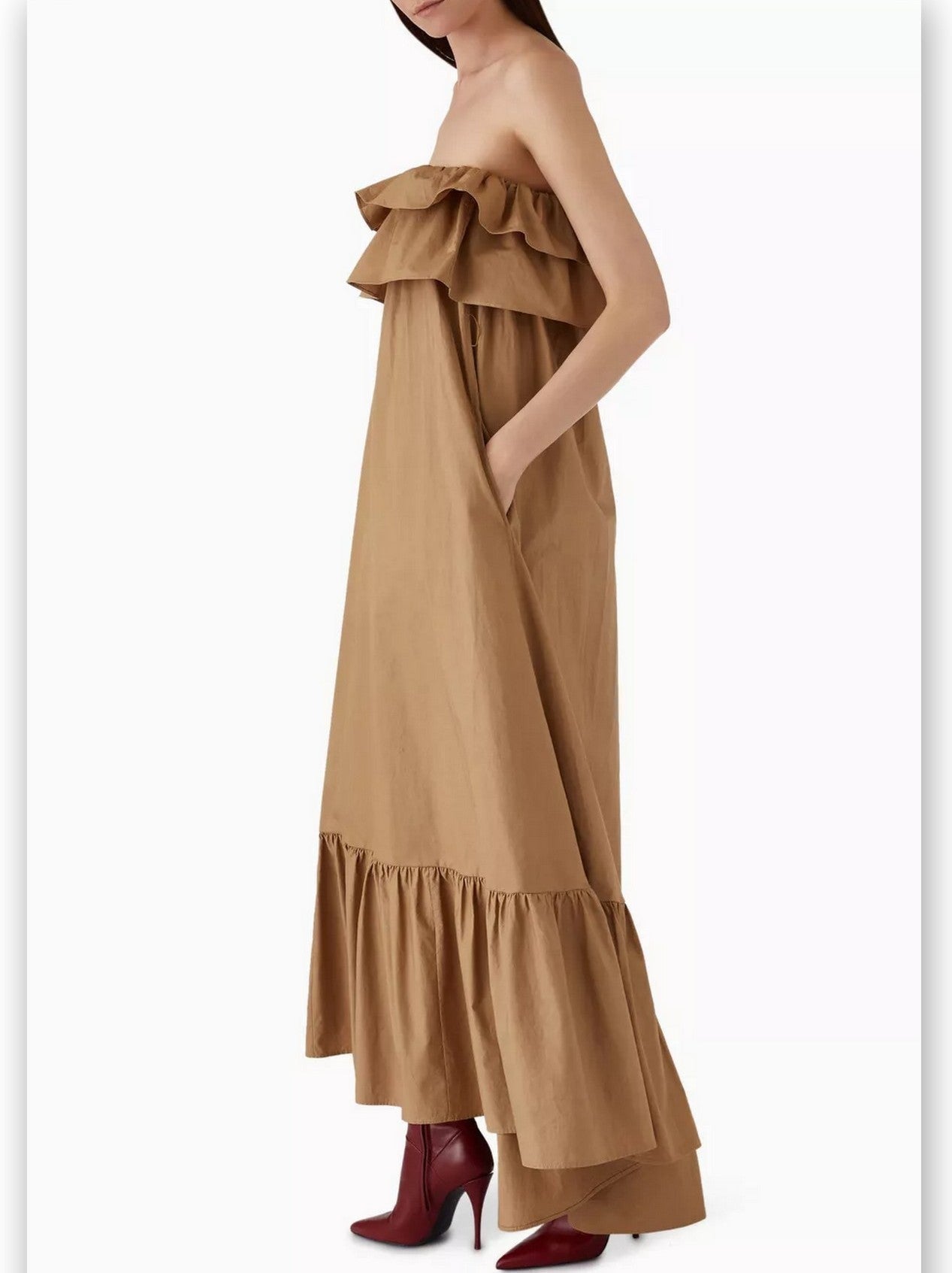 Ruffled Strapless Long Dress in Khaki - Dresses