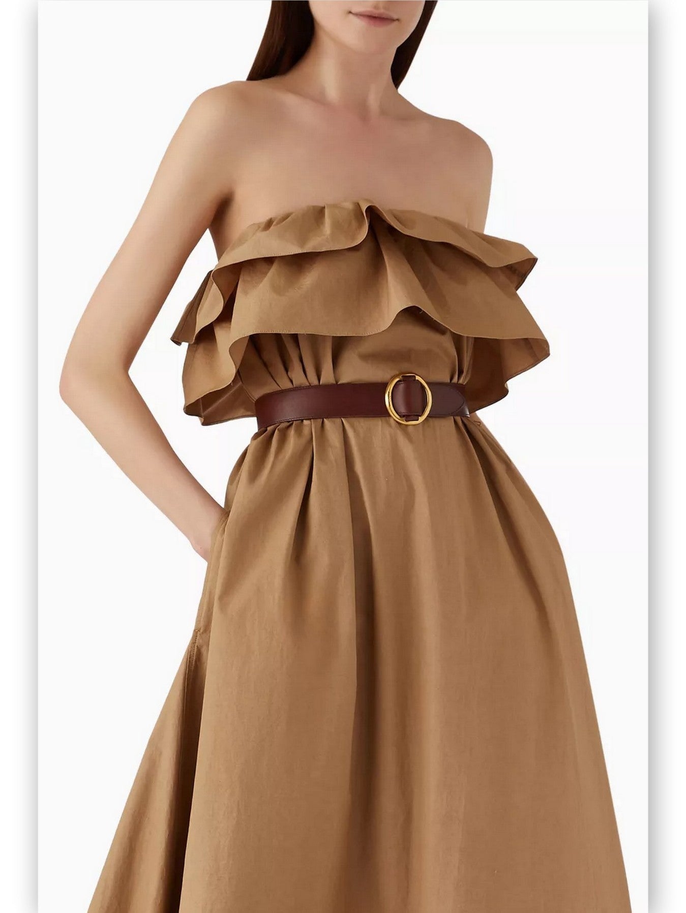 Ruffled Strapless Long Dress in Khaki - Dresses