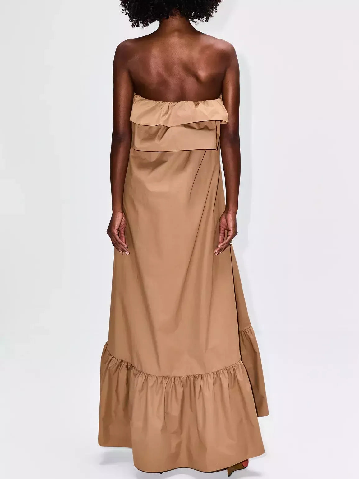 Ruffled Strapless Long Dress in Khaki - Dresses