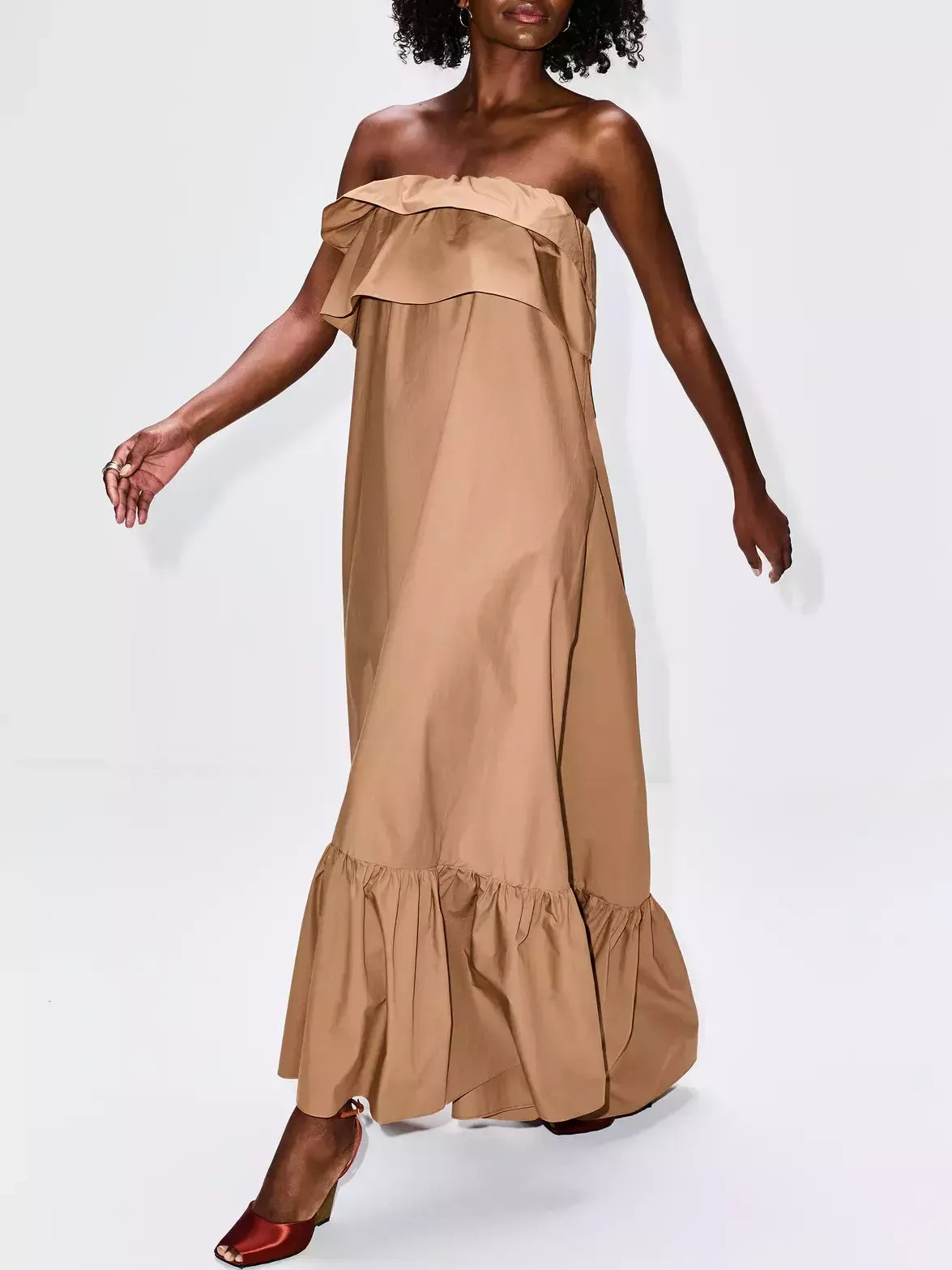 Ruffled Strapless Long Dress in Khaki - Dresses