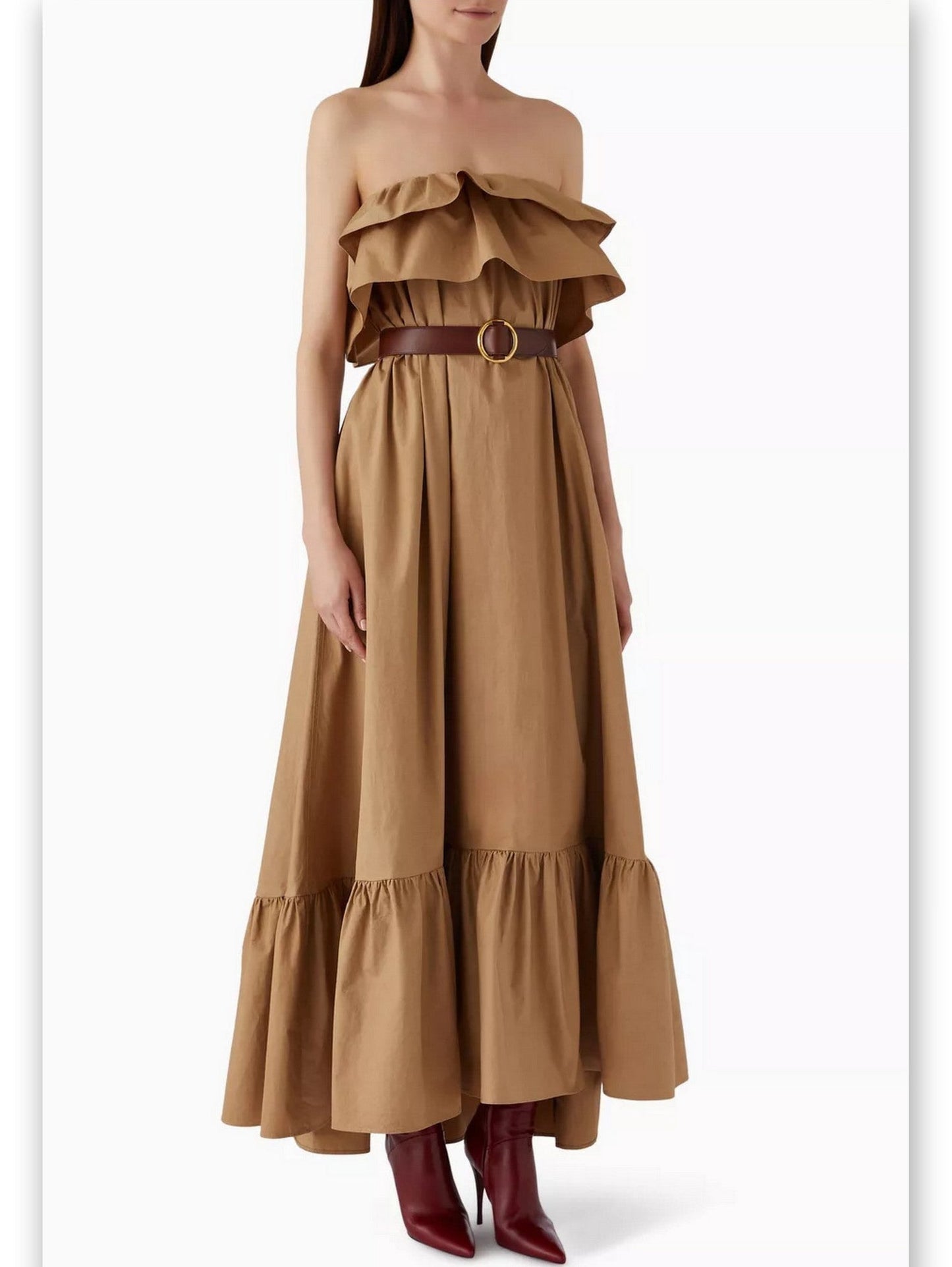 Ruffled Strapless Long Dress in Khaki - Dresses