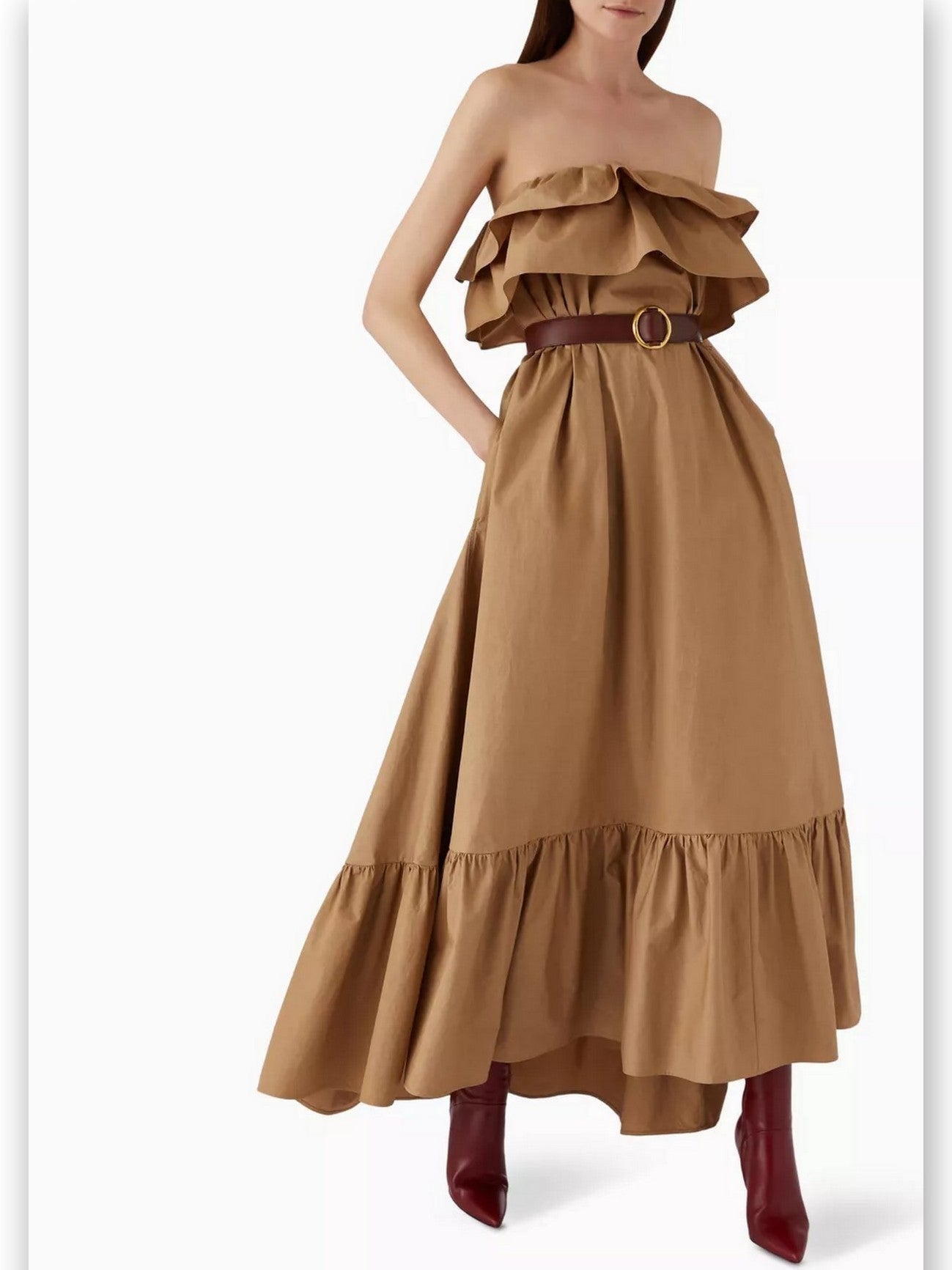Ruffled Strapless Long Dress in Khaki - Dresses