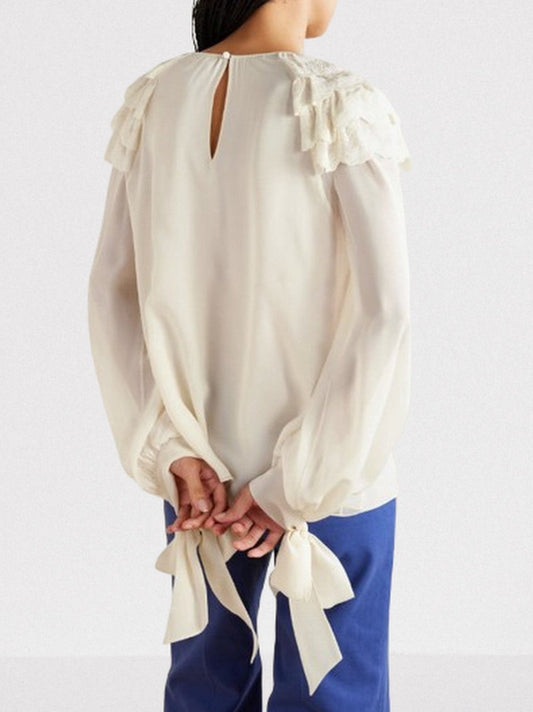 Ruffled-Trimmed Silk Georgette Blouse - Tops
