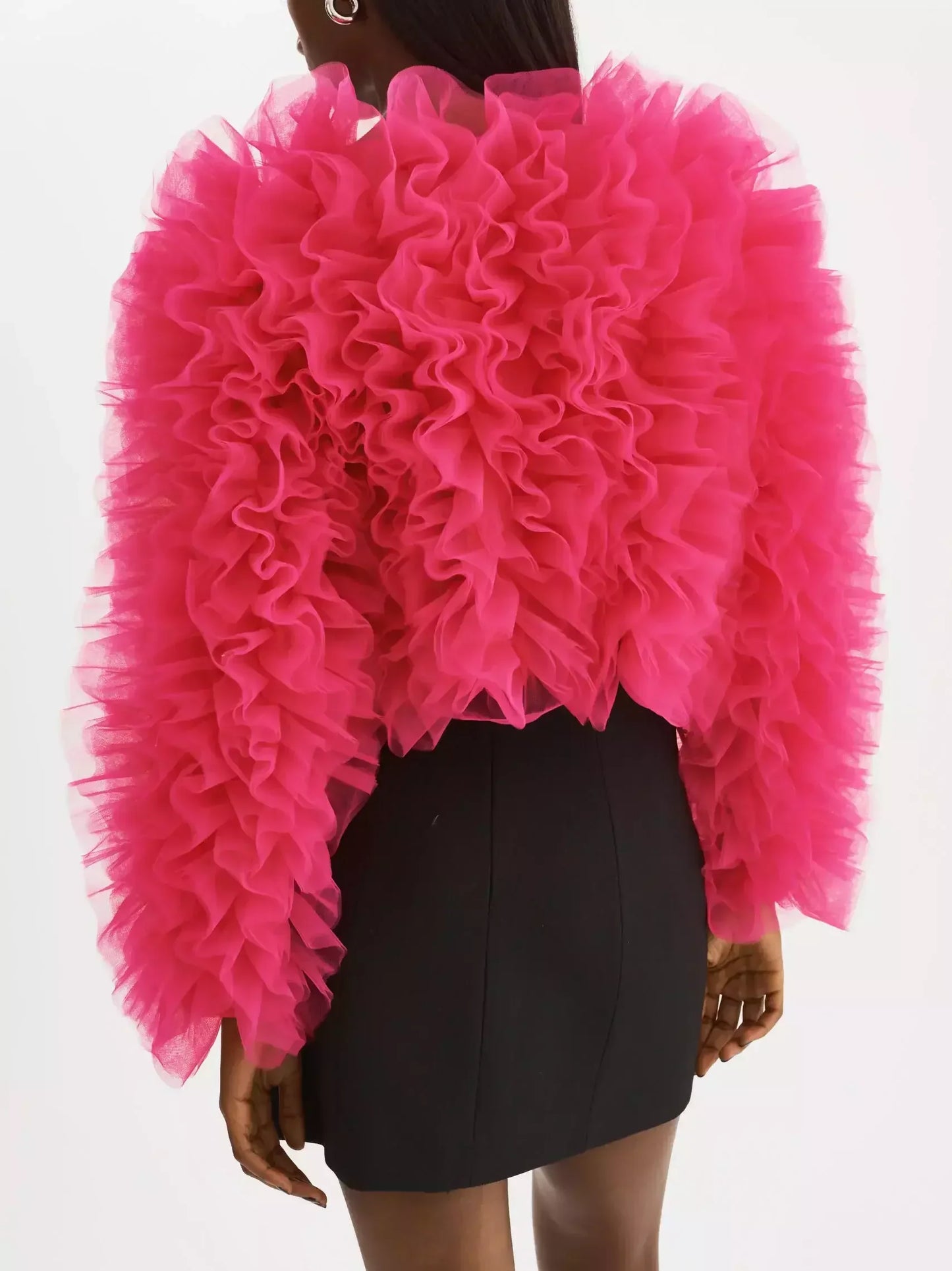Ruffled Tulle Cropped Fuchsia Jacket - Jackets