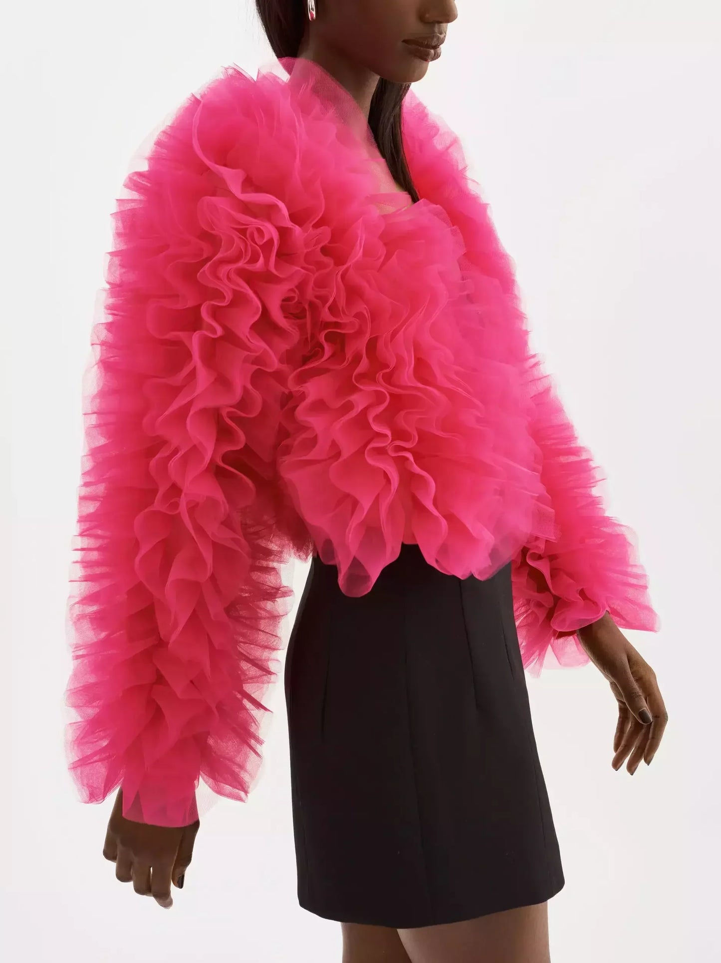 Ruffled Tulle Cropped Fuchsia Jacket - Jackets