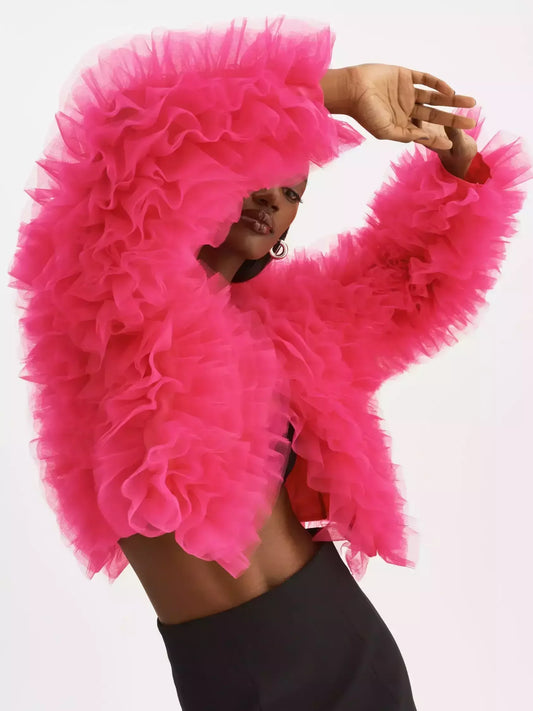 Ruffled Tulle Cropped Fuchsia Jacket - Jackets