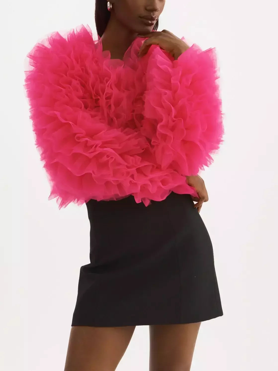 Ruffled Tulle Cropped Fuchsia Jacket - Jackets