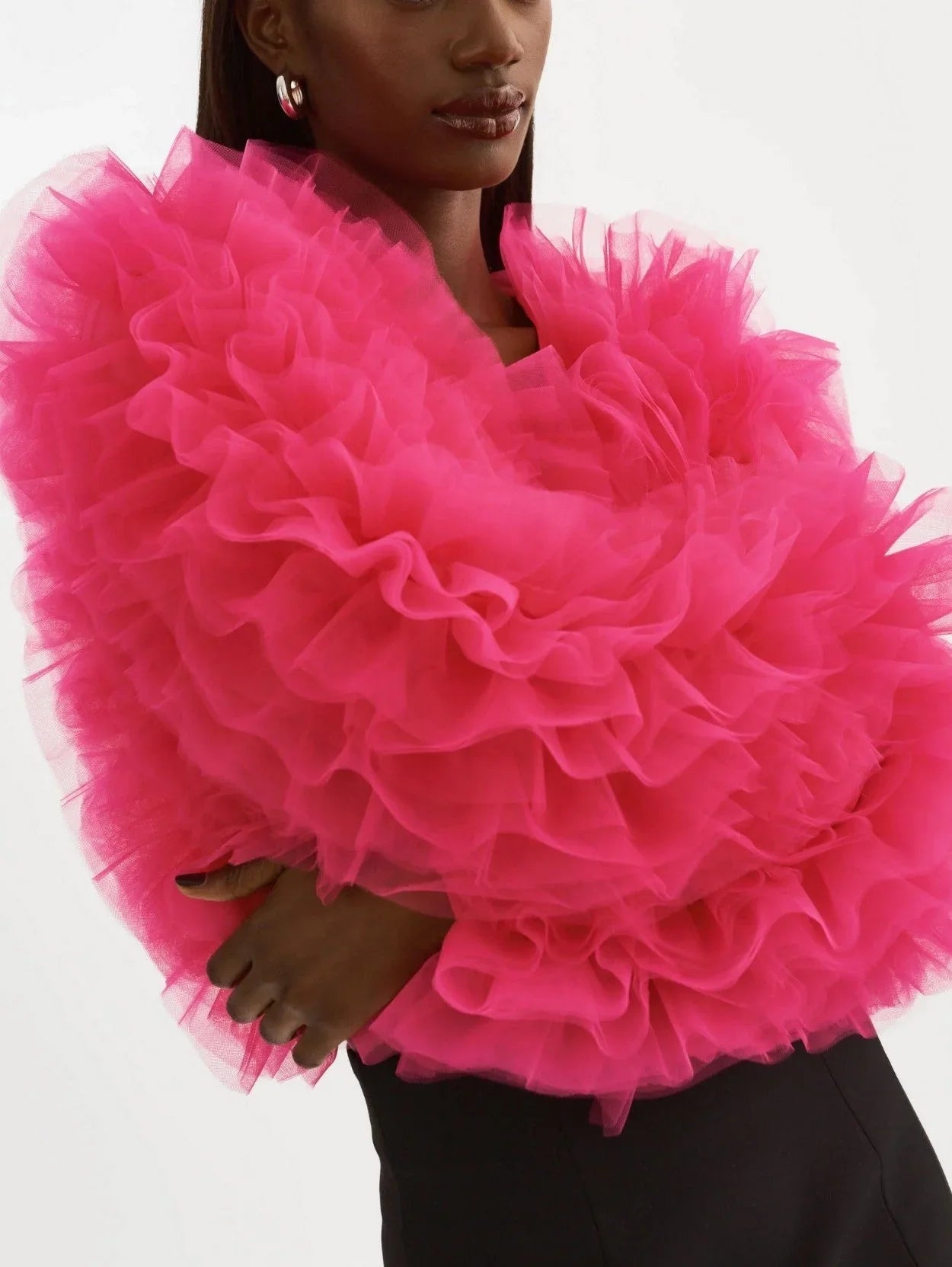 Ruffled Tulle Cropped Fuchsia Jacket - Jackets