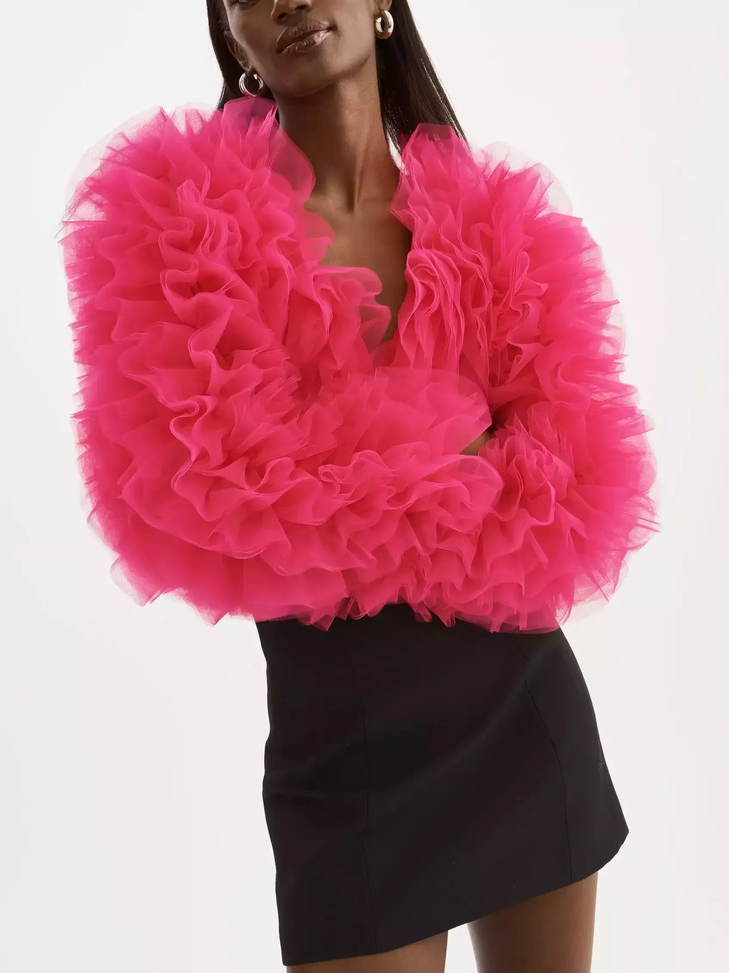 Ruffled Tulle Cropped Fuchsia Jacket - Jackets