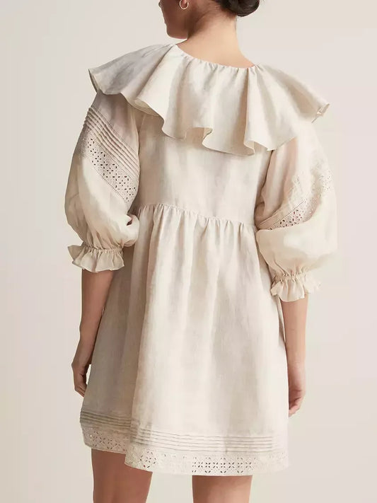 Ruffled V-Neck Linen Babydoll Dress in Light Beige - Dresses