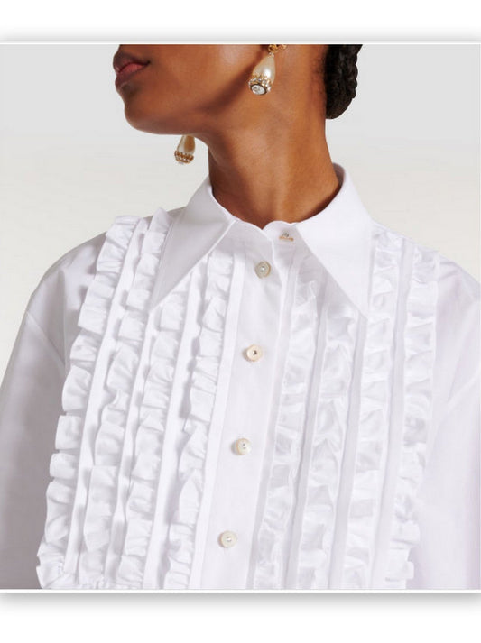 Ruffled White Cotton Shirt - Tops