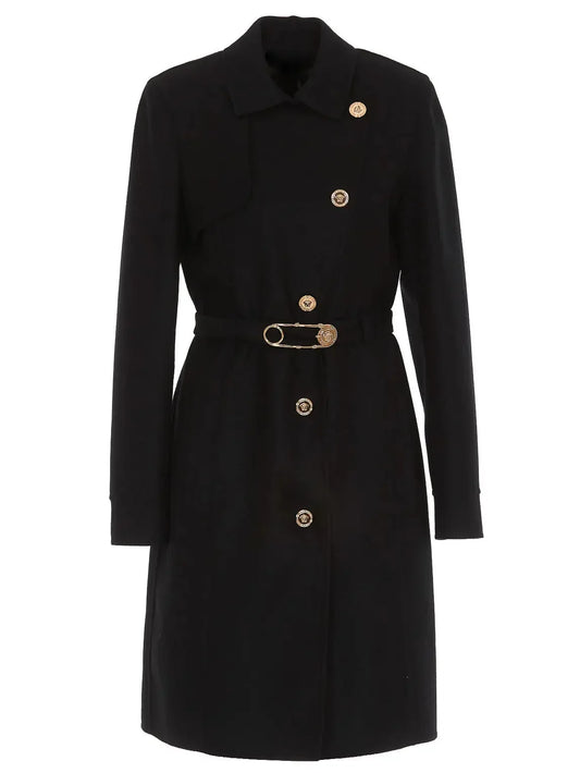 Safety-Pin Belted Black Wool Coat - Coats
