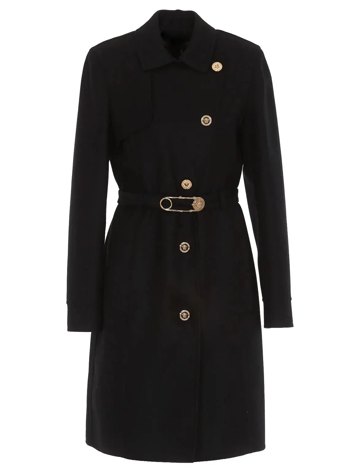 Safety-Pin Belted Black Wool Coat - Coats