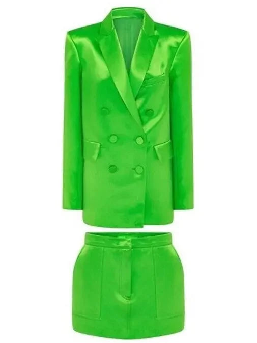 Satin Double-Breasted Blazer and Skirt Set in Green - Suits & Sets