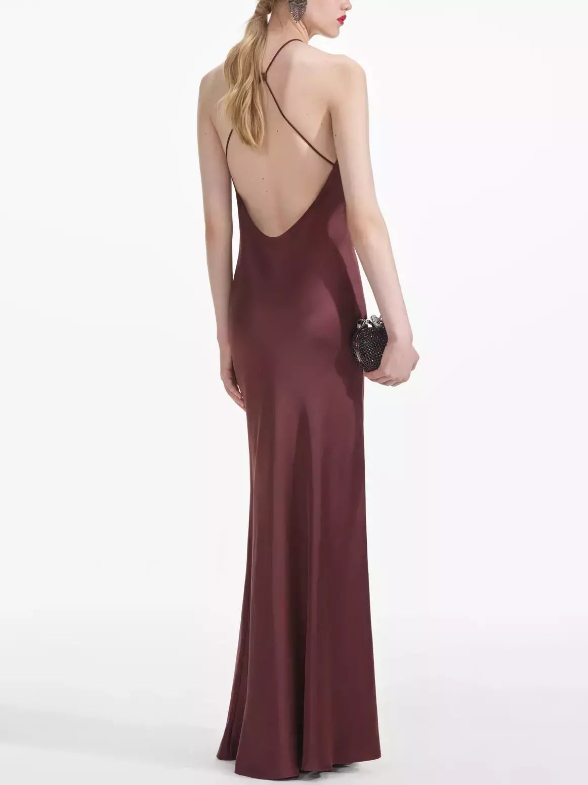 Burgundy Satin Sleeveless Maxi Dress with Lace Detailing for evening elegance