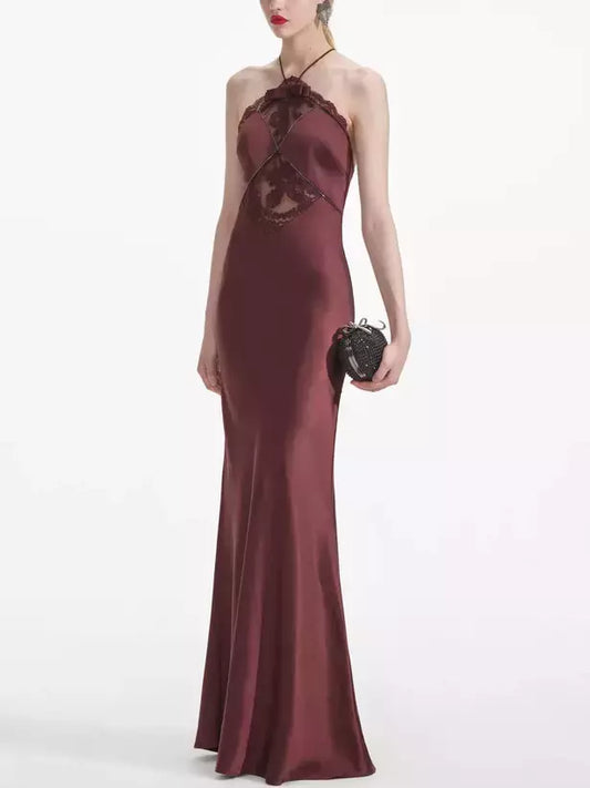 Burgundy satin sleeveless maxi dress with elegant lace detailing for a stunning look