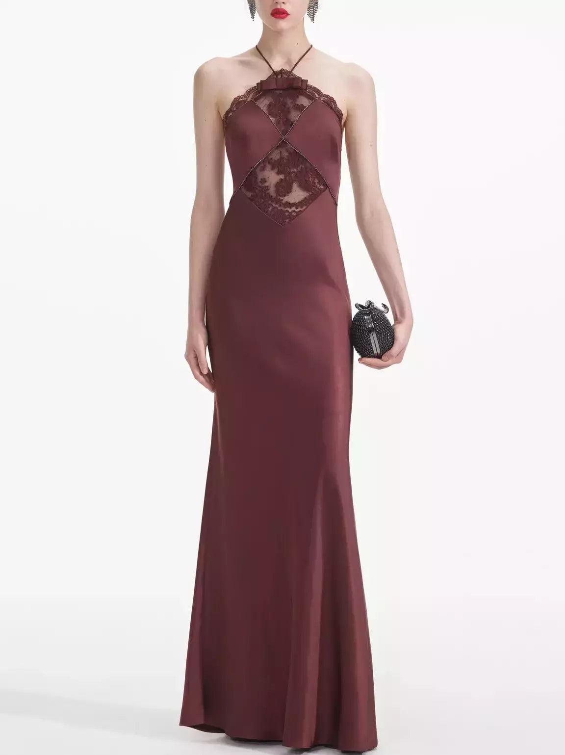 Burgundy halter neck satin sleeveless maxi dress with elegant lace detailing