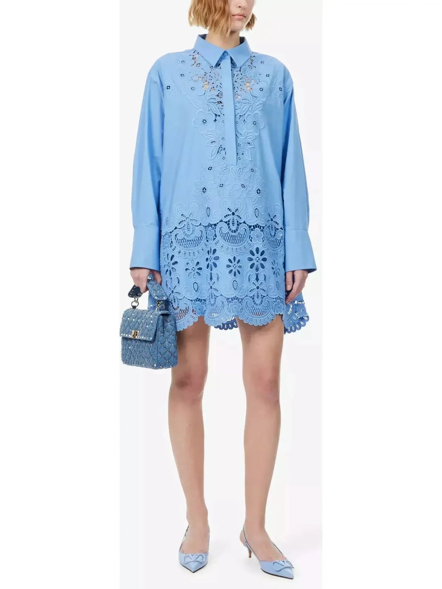 Scallop-Trim Collar Cotton Mini Dress - s - Dresses