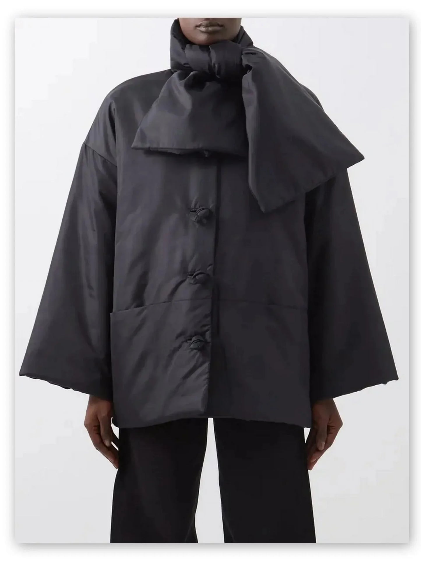 Scarf-Neck Padded Jacket with Knotted Buttons in Black - Jackets