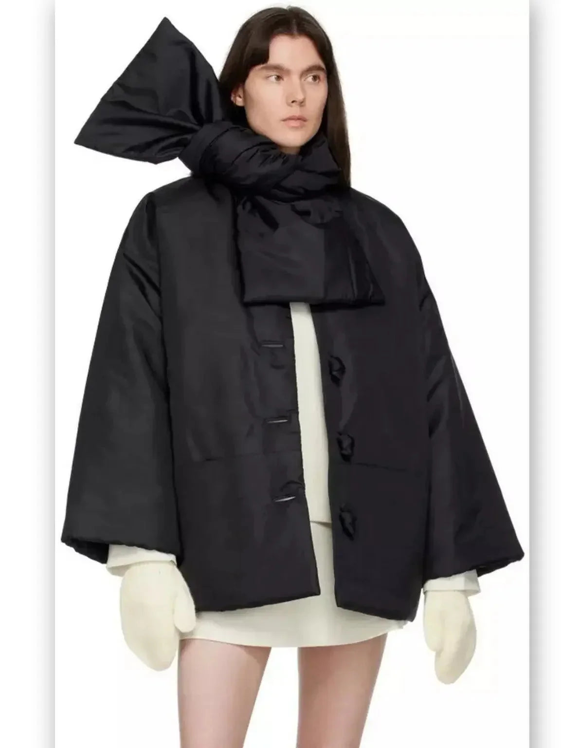 Scarf-Neck Padded Jacket with Knotted Buttons in Black - Jackets
