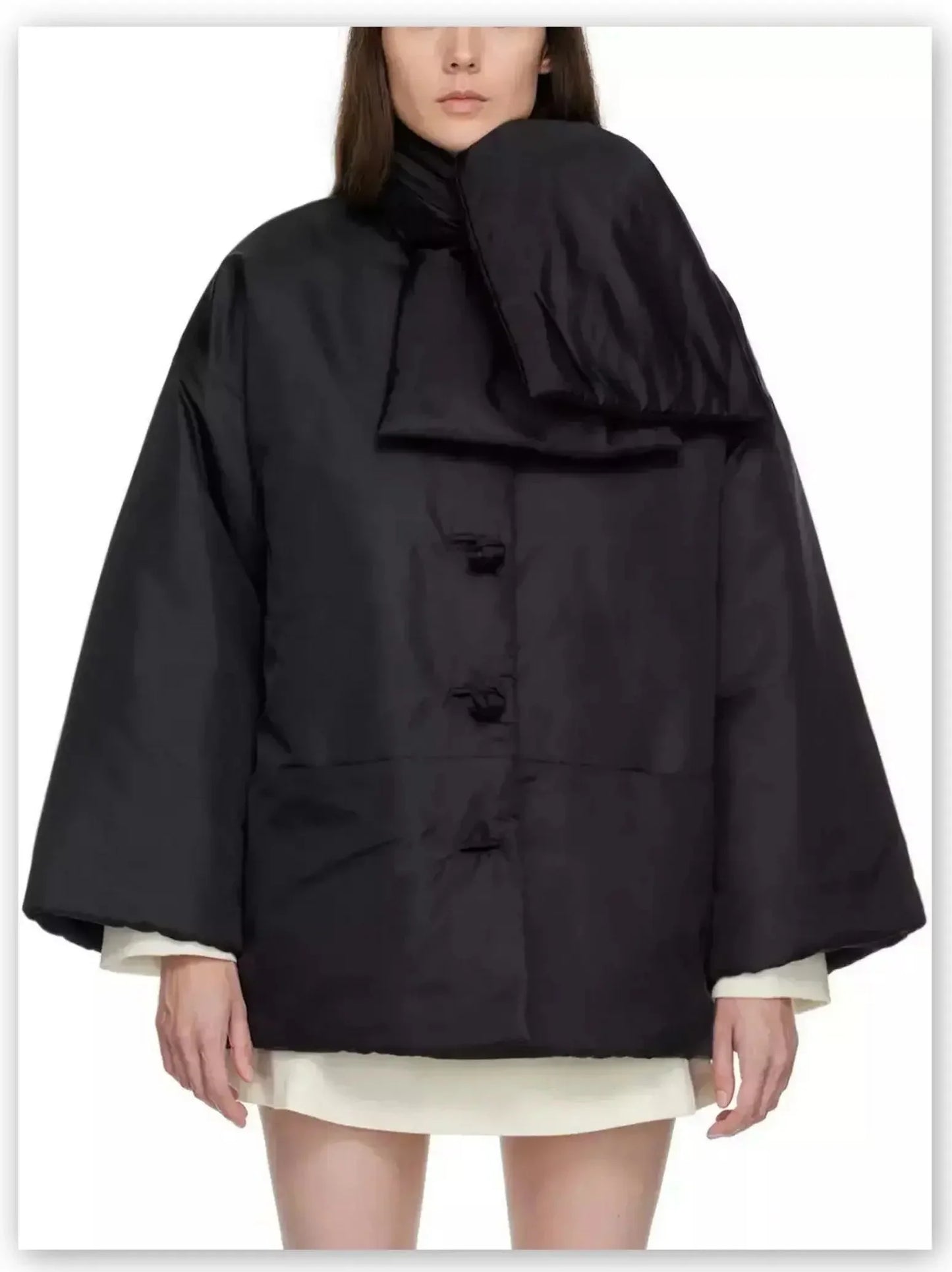 Scarf-Neck Padded Jacket with Knotted Buttons in Black - Jackets