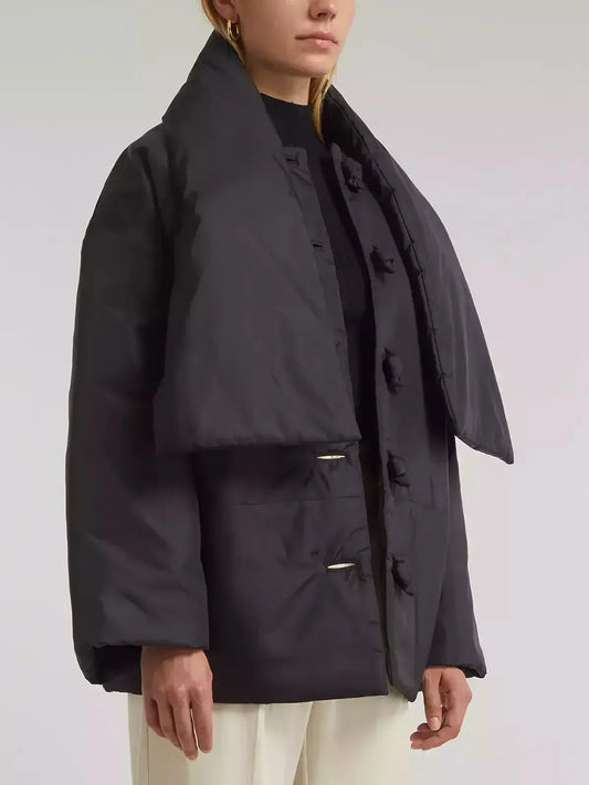 Scarf-Neck Padded Jacket with Knotted Buttons in Black - Jackets