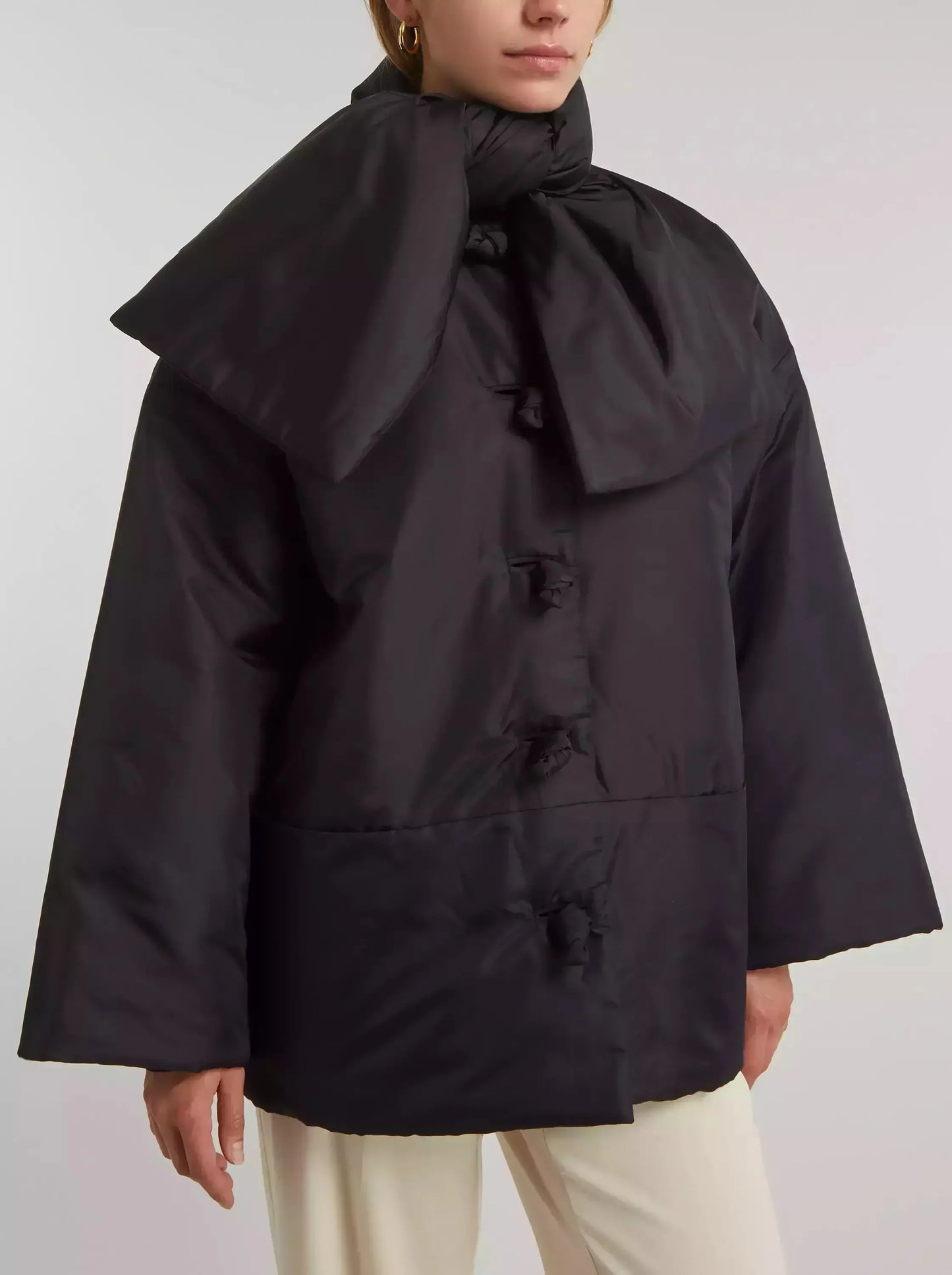 Scarf-Neck Padded Jacket with Knotted Buttons in Black - Jackets