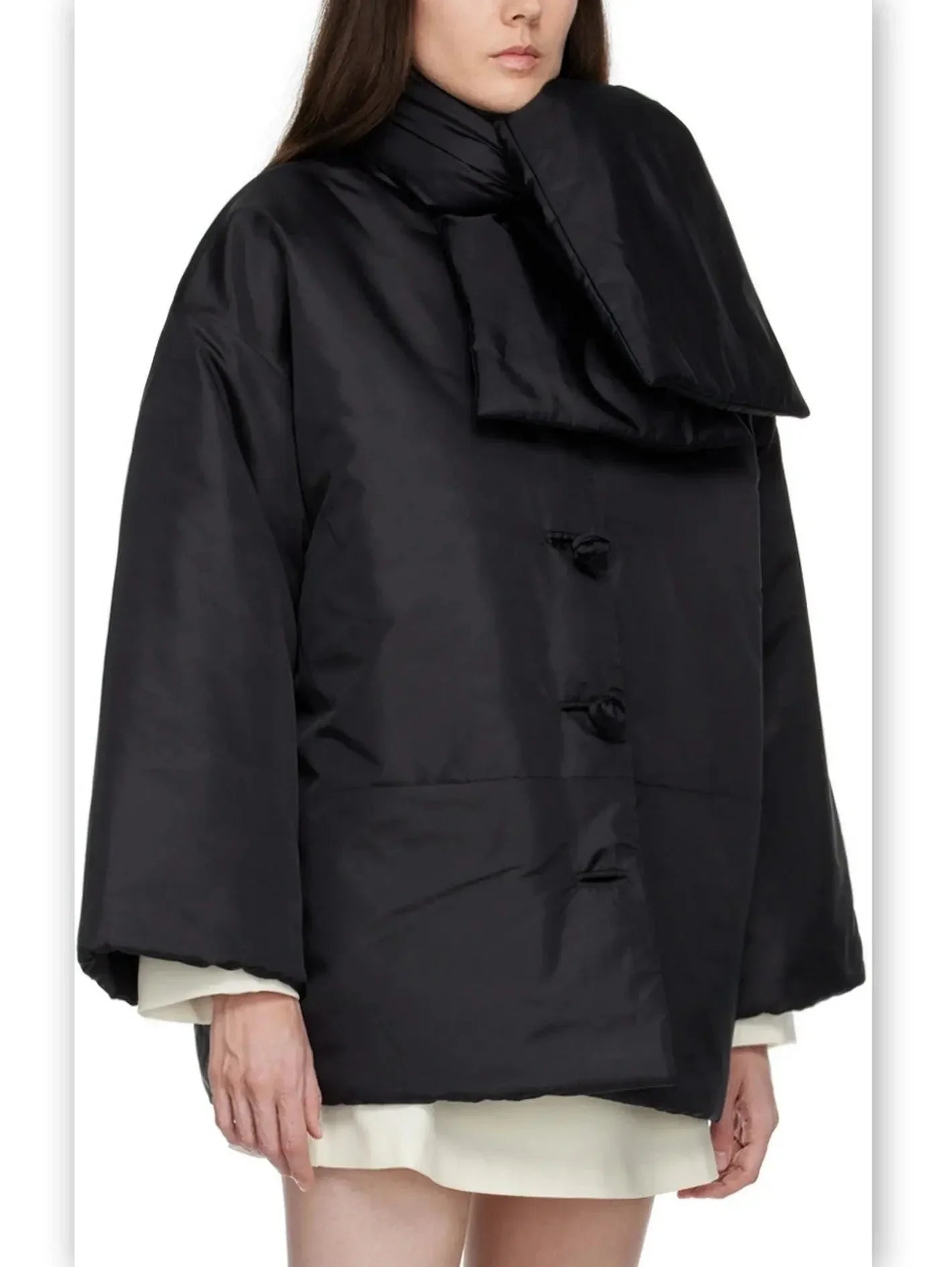 Scarf-Neck Padded Jacket with Knotted Buttons in Black - Jackets