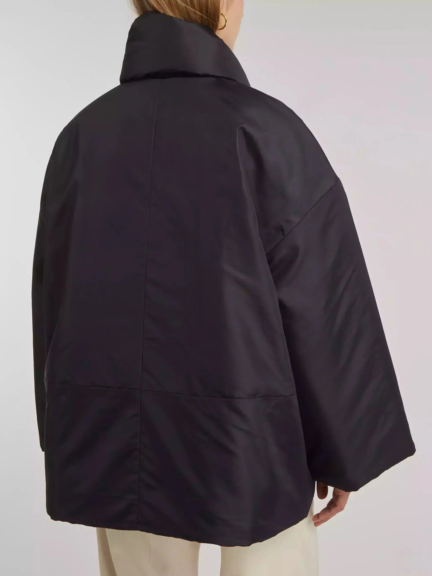 Scarf-Neck Padded Jacket with Knotted Buttons in Black - Jackets