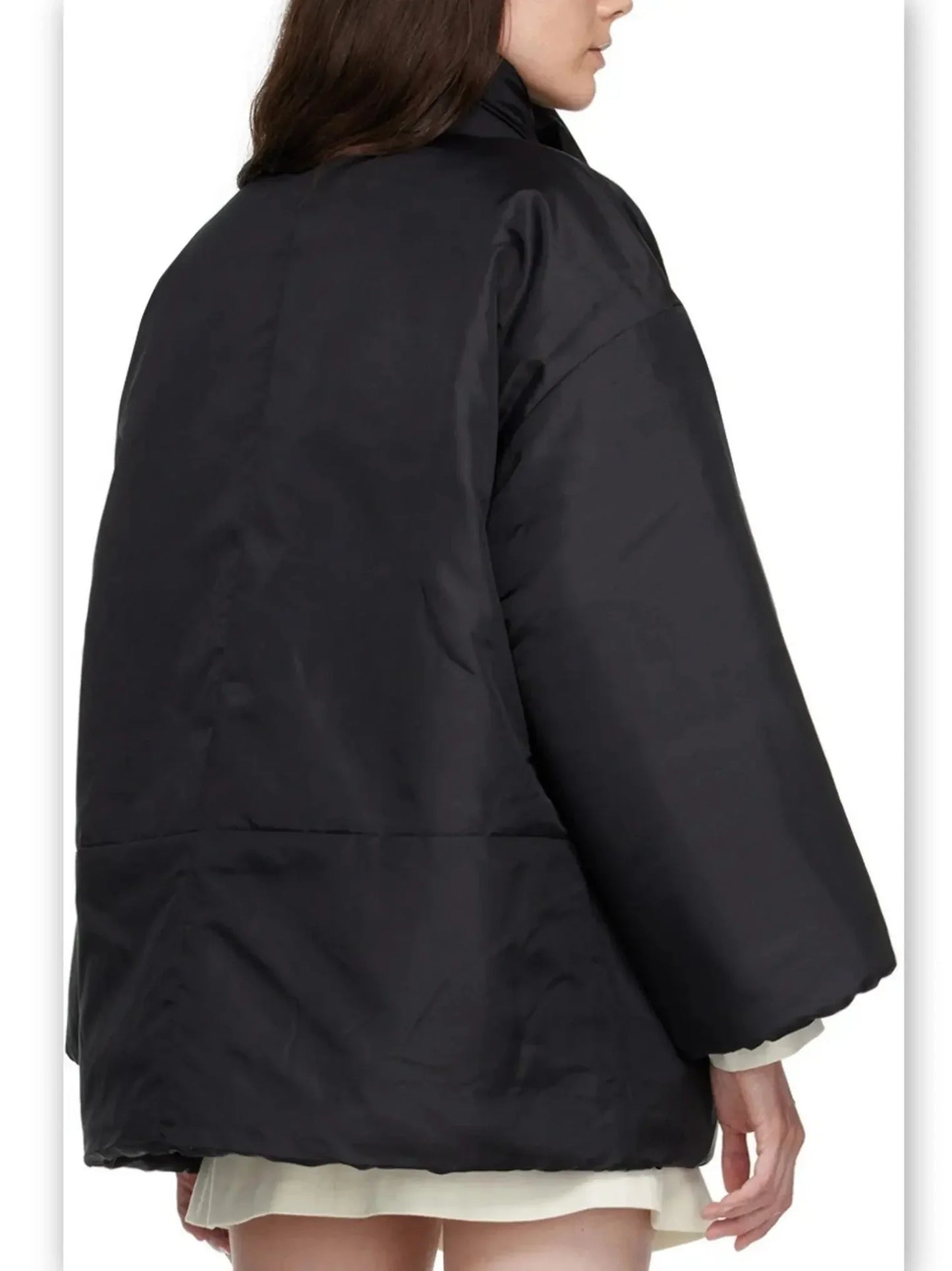 Scarf-Neck Padded Jacket with Knotted Buttons in Black - Jackets