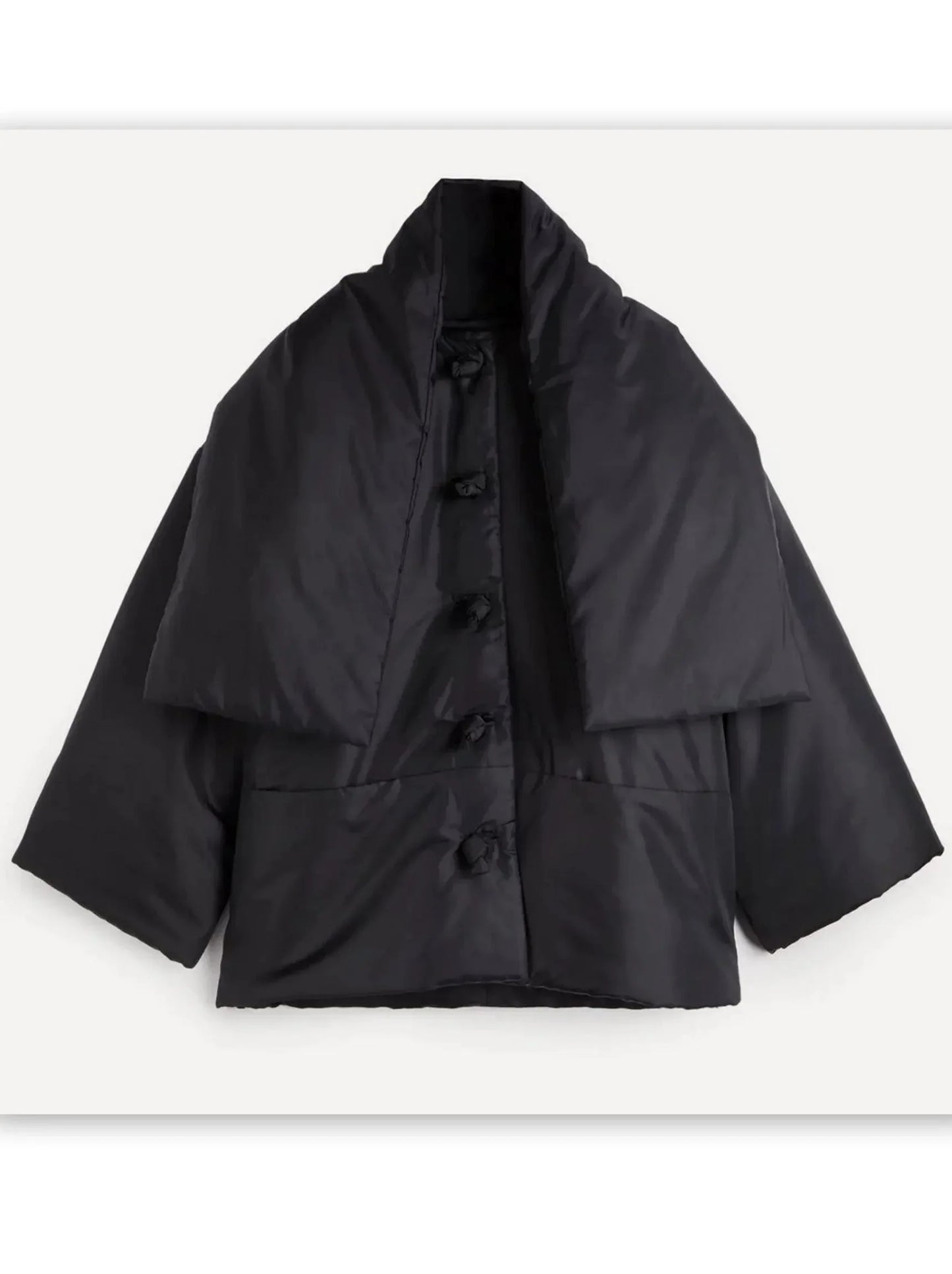 Scarf-Neck Padded Jacket with Knotted Buttons in Black - Jackets