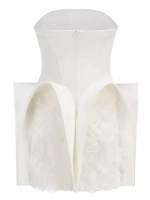 Sculptured 3D Floral White Strapless Mini Dress with unique architectural details