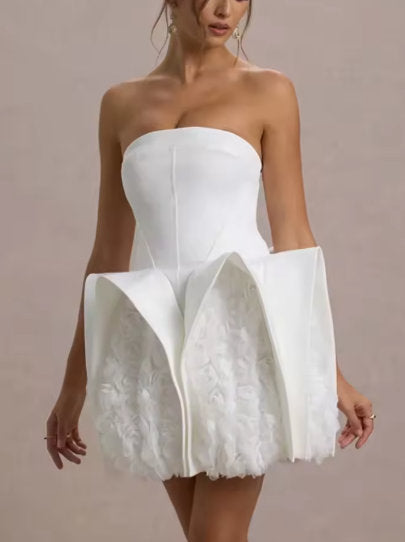 Sculptured 3D Floral White Strapless Mini Dress showcasing elegant floral design