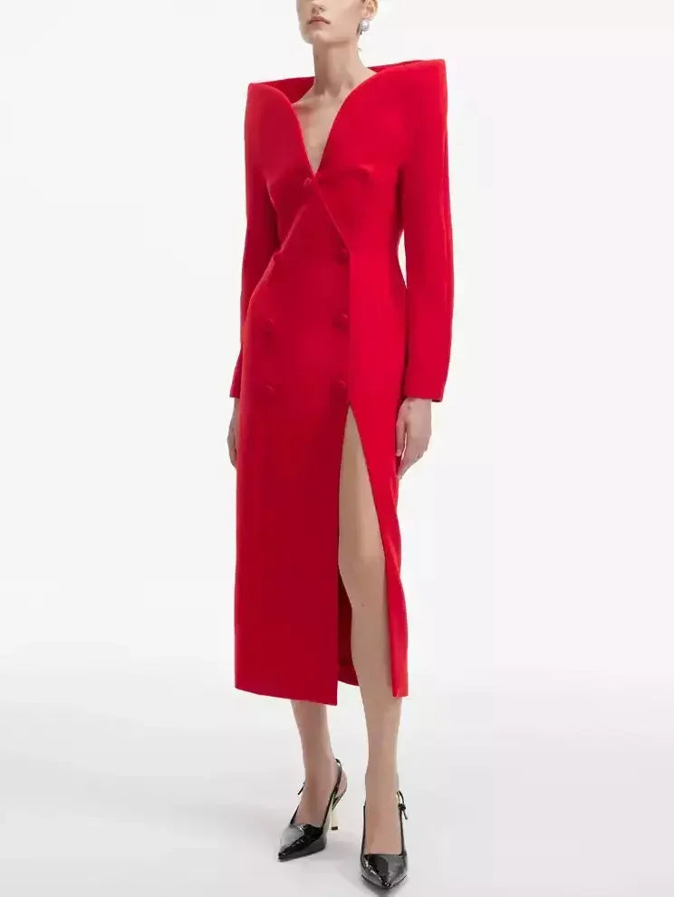 Sculptured-Collar Buttoned Red Midi Dress - Dresses