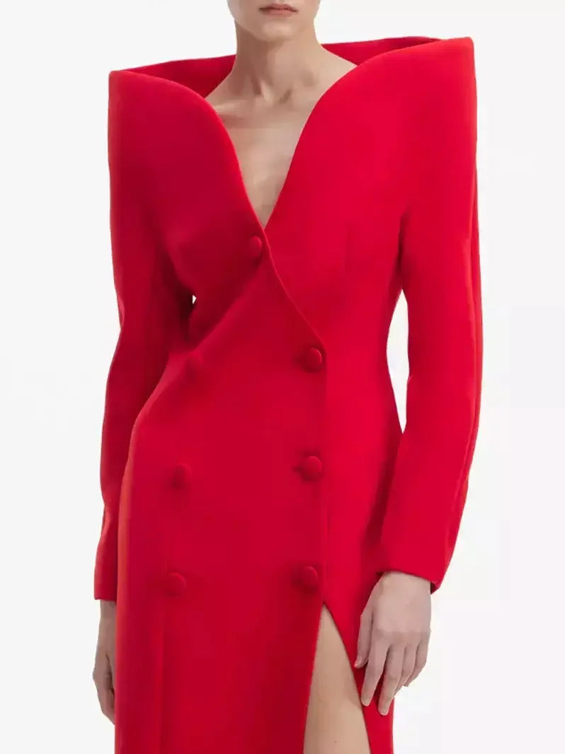 Sculptured-Collar Buttoned Red Midi Dress - Dresses