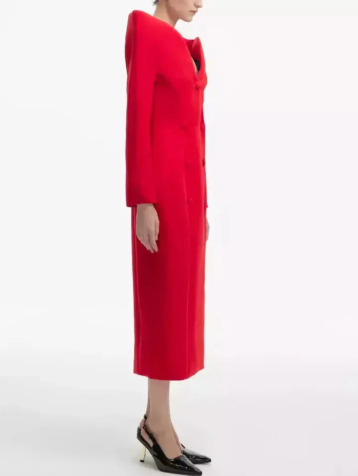 Sculptured-Collar Buttoned Red Midi Dress - Dresses
