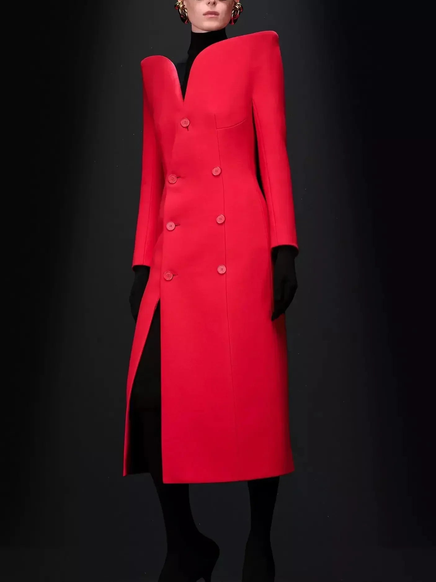 Sculptured-Collar Buttoned Red Midi Dress - Dresses