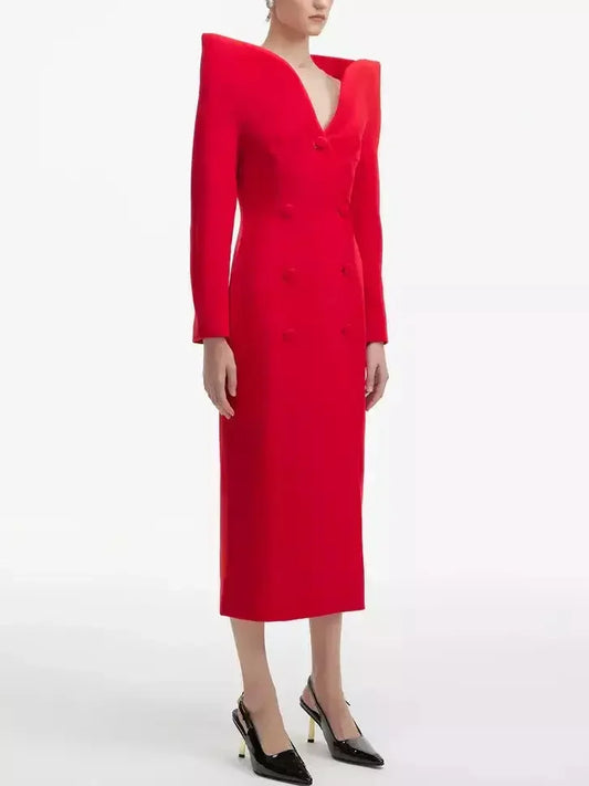 Sculptured-Collar Buttoned Red Midi Dress - Dresses