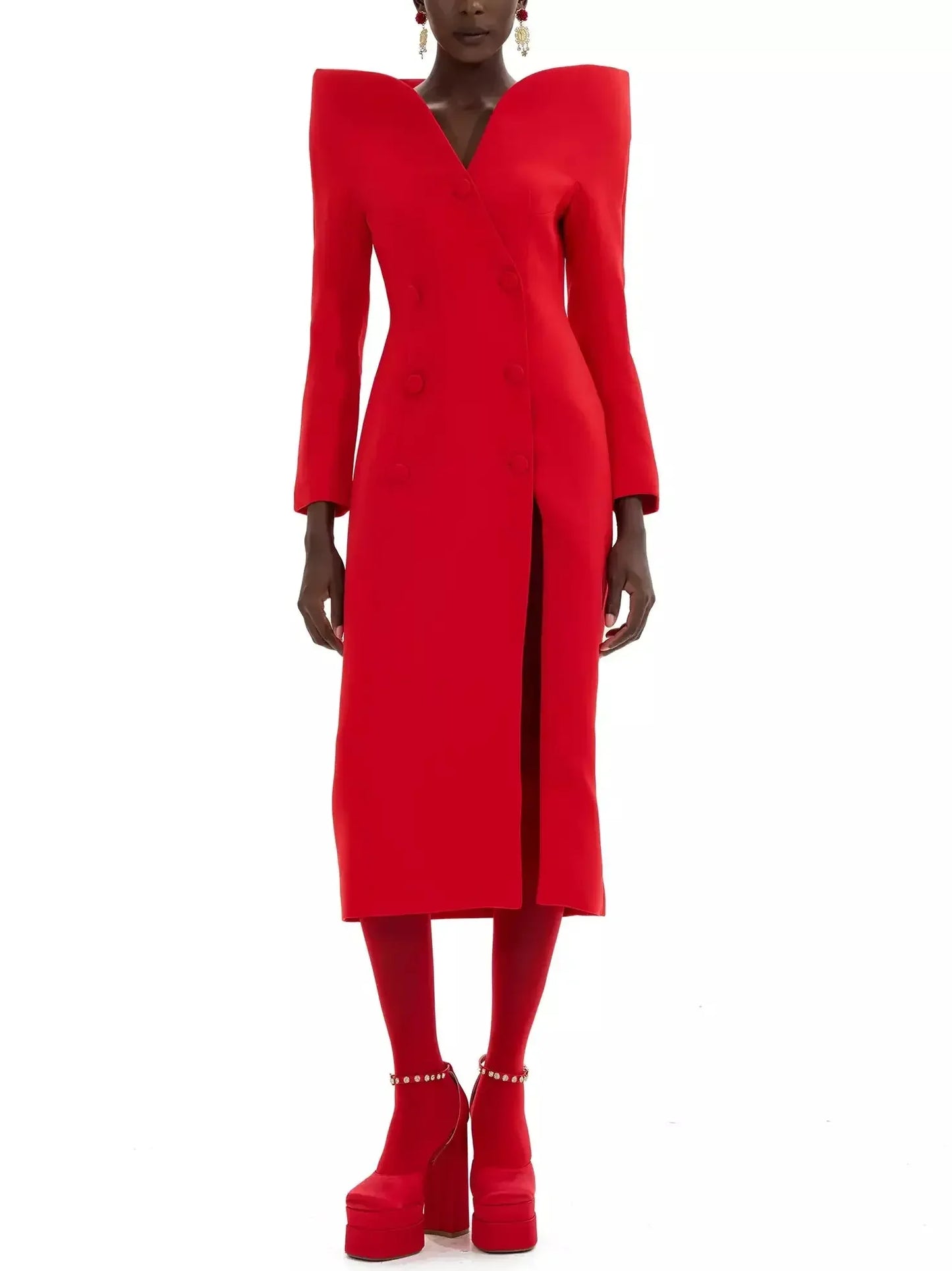 Sculptured-Collar Buttoned Red Midi Dress - Dresses