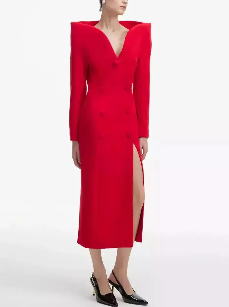 Sculptured-Collar Buttoned Red Midi Dress - Dresses