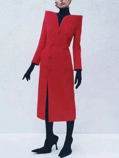 Sculptured-Collar Buttoned Red Midi Dress - Dresses
