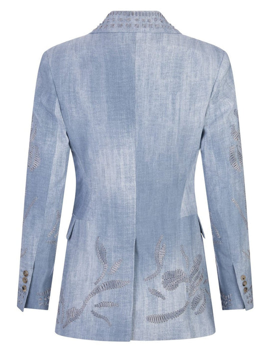 Sculptured Denim Printed Woven Embroidered Blazer - Jackets