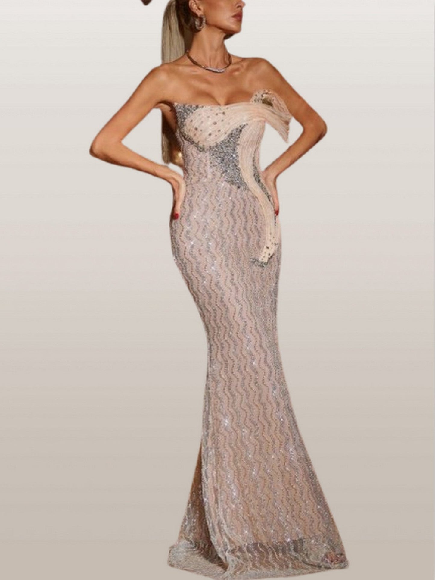 Sculptured Embellished Strapless Gown - Dresses