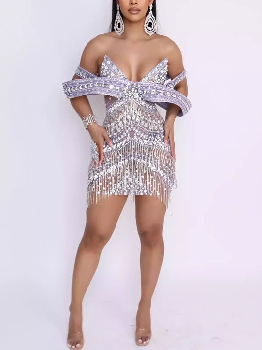 Sculptured Off-Shoulder Embellished Sheer Mini Dress with Sequin Fringe in Silver