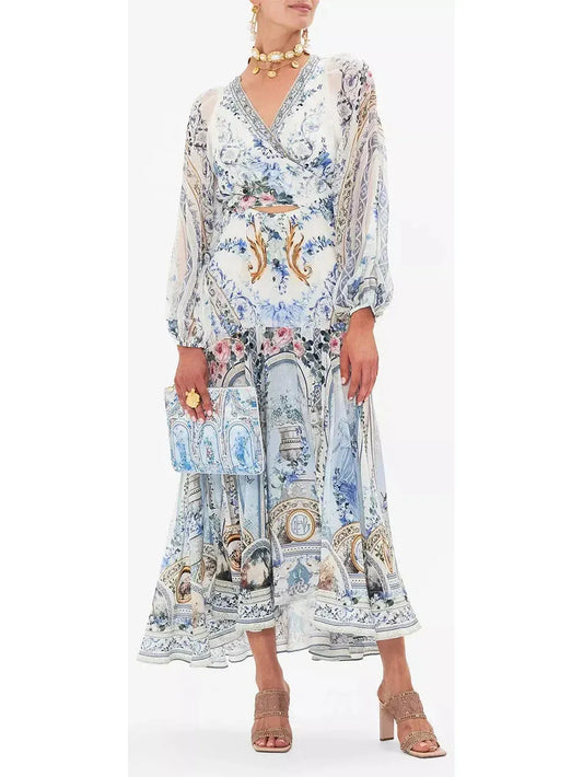 Season Of The Siren Wrap Tie Dress with Blouson Sleeves - Dresses