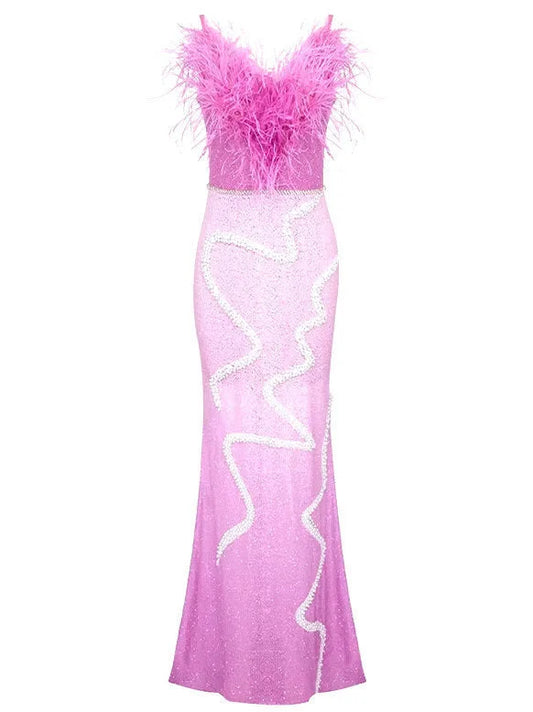 Sequin and Beaded Embellished Feather Gown - Dresses