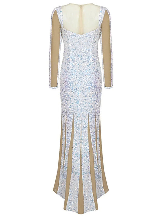 Sequin and Mesh Paneled Gown - Dresses