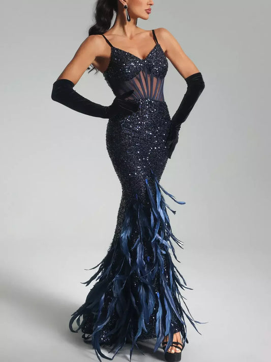Sequin Corset Gown with Feather Trim - Medium - Dresses