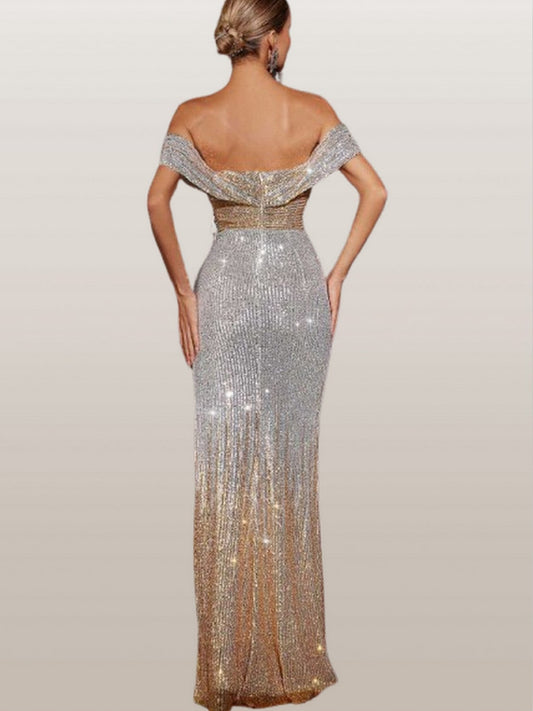 Sequin-Embellished Bardot Bralette Gown in Silver and Gold - Dresses